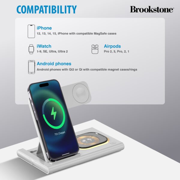 Brookstone 3-in-1 Wireless Charger Stand Fast Charging Station for iPhone 15,14,13,12 Pro Max Series, All iWatch Series, | iPhone Wireless Charging Station…